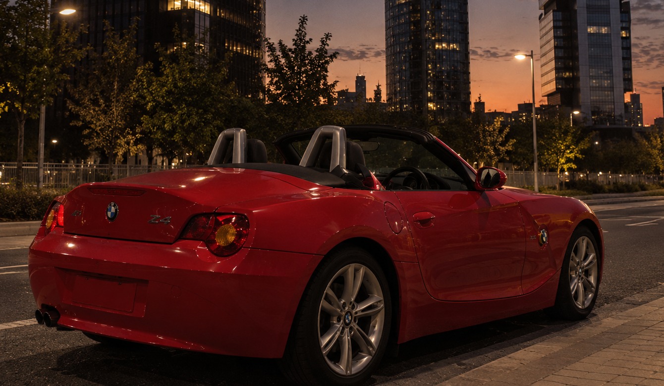 Roadster rojo descapotable visto desde el exterior